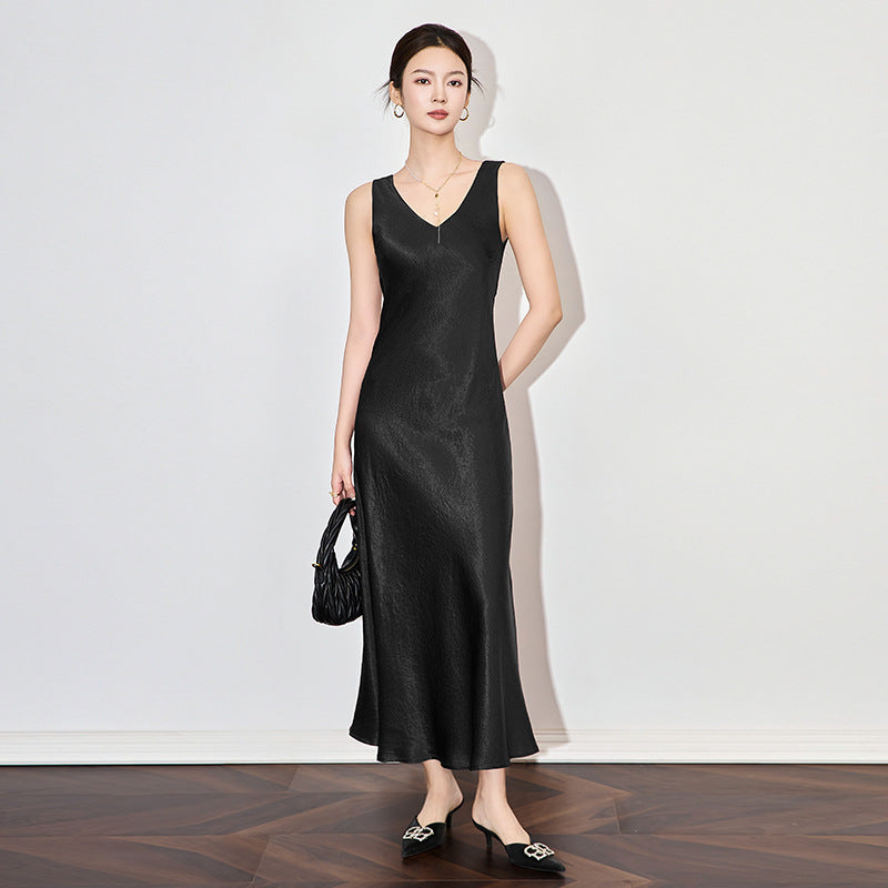 High-Grade Pendant Waist Slimming Crepe Acetate Satin French Style Temperament Vest Dress