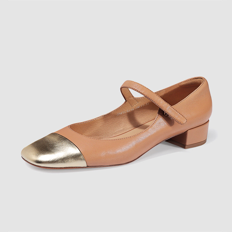 Women Luxury Brand Natural Leather Pumps Mix-color Strap Buckle Mary Jane Block High-Heels Shoes Lady Office Party