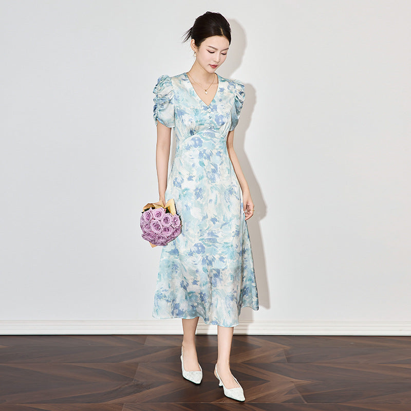 Elegant Floral Print High Waist Midi Dress Spring Fashionable French Style Bubble Sleeve V-neck Dress for Women in Shenzhen