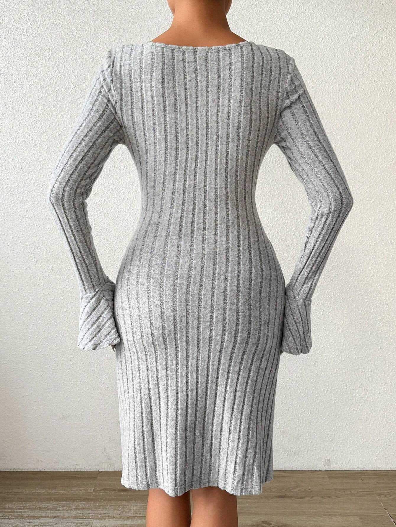 Autumn Winter New Women's Simple Elegant Gray Dress with Bell Sleeves Slim Fit Short Dress