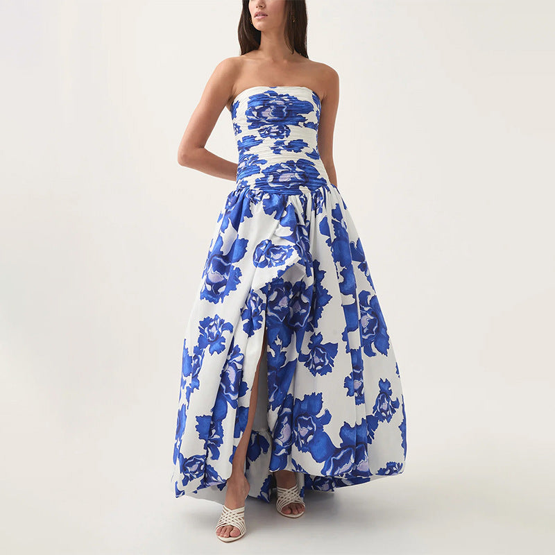 Sexy Strapless Printed Split Deign Long Bubble Dress Women Sleeveless Backless High Waist Patchwork Folds Dresses Evening Party