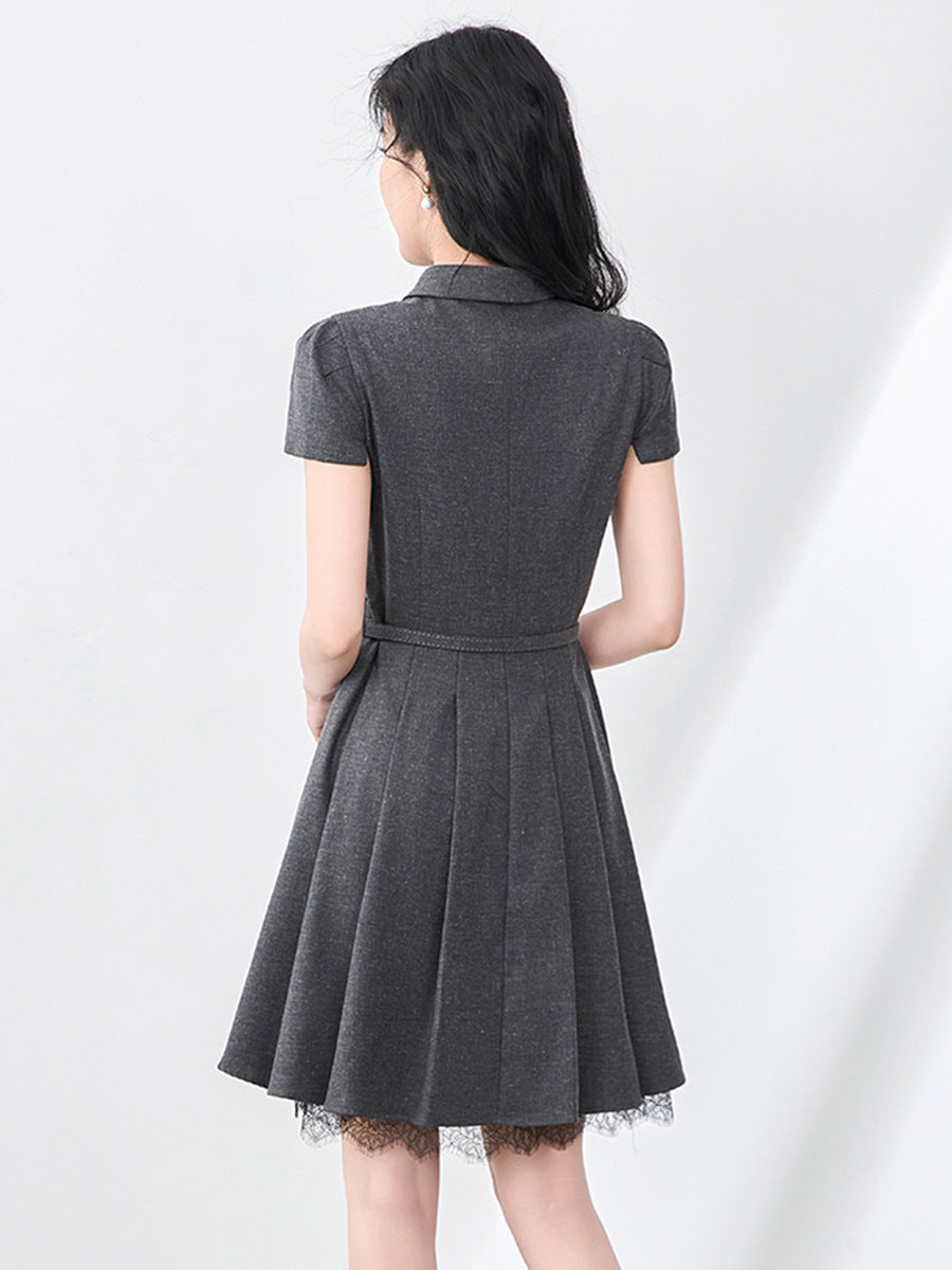 Turn down Collar Summer Dress Grey Short Sleeve Lace Patchwork Casual Office Fashion Women Dress