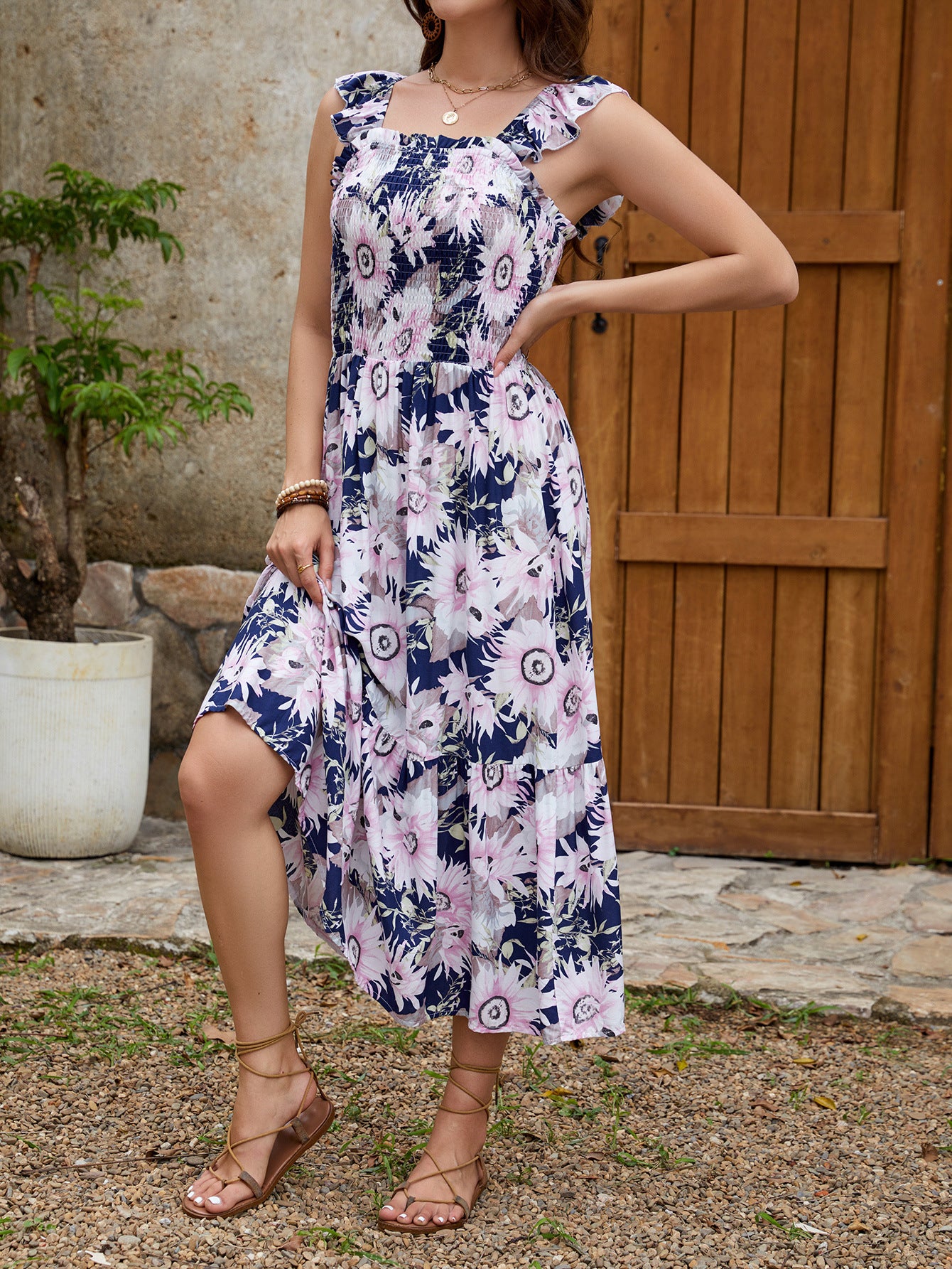 Summer Vibes with our Floral Ruffle Sleeve Tank Dress - Available in Multiple Sizes for a Perfect Fit
