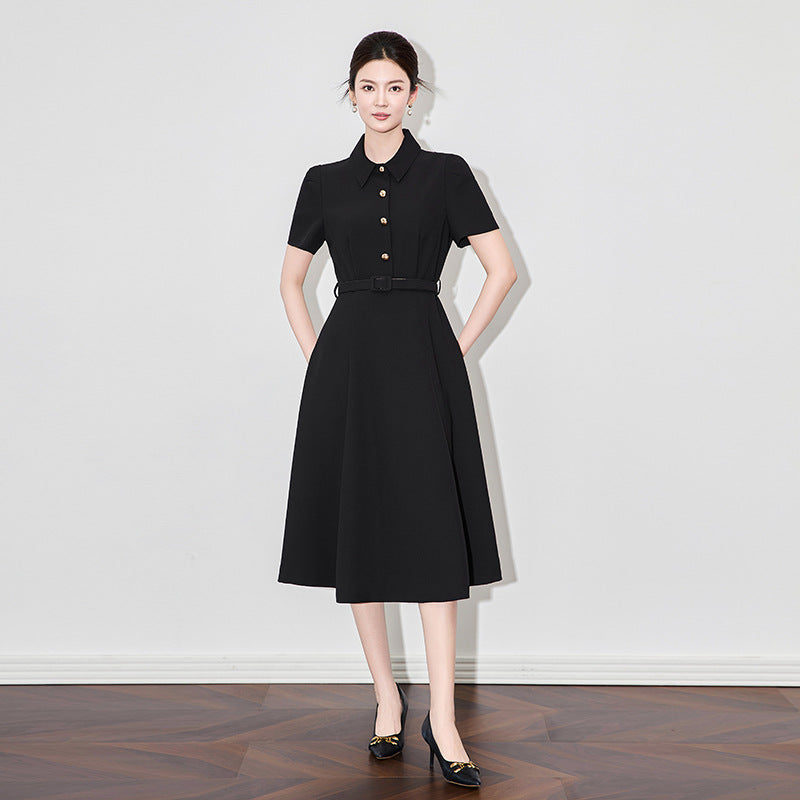 Women Elegant Brief Style Turn down Collar Summer Midi Dress Short Sleeve Solid Pink Black A-Line Casual Office Dress