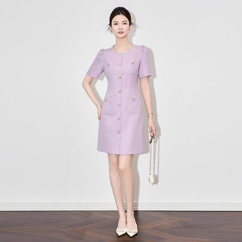 Neck Pearl Mini Dress Women's Summer New Style Luxury Brand Name Lady Heavy Embroidery Work Small Fragrance Style