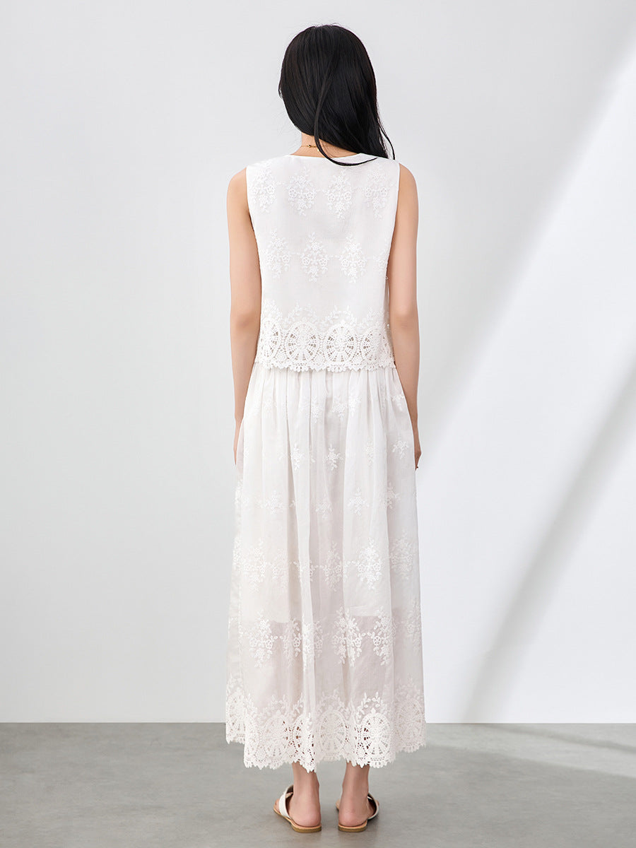 Woman Embroidery V-neck Hollow Lace Up Sleeveless Top Summer 2025 Slim Elastic Waist Skirt Set