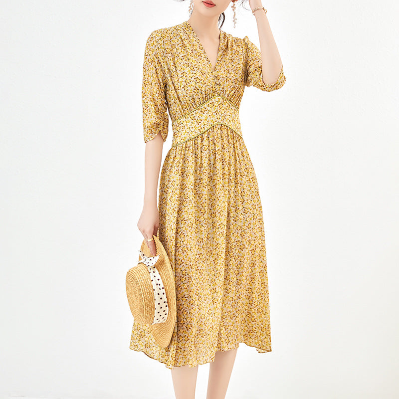 Summer Fashion Dresses For Women 2025 Elegant Chic V-neck High Waist Women's Floral Print Dress 100% Real Silk Long Midi Dress