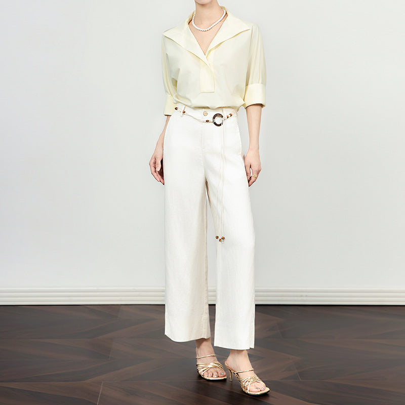 New Women's Fashion Stylish Belted Satin Texture Wide-Leg Pants
