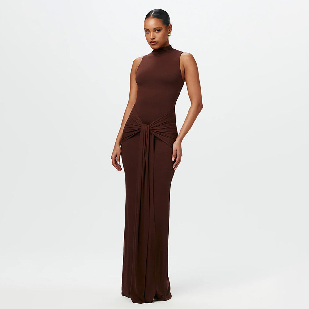 Half High Collar Irregular Tank Dress For Women New Fashion Sleeveless Bodycon Ruched Sexy Long Dress Elegant