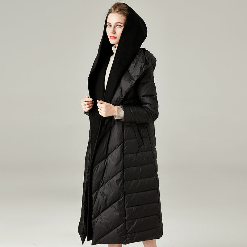 Wool Patchwork Hooded Long Puffer Jackets Women Elegant Slim Warm Winter Coat Belt New Autumn Female Down Parkas Overcoat