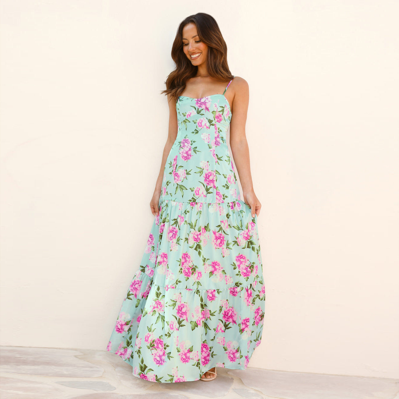 Flower Print Hollow Suspender Long Dress Fashion Women Off Shoulder Pleated Bohemian Dress Vacation Backless Summer Casual Dress