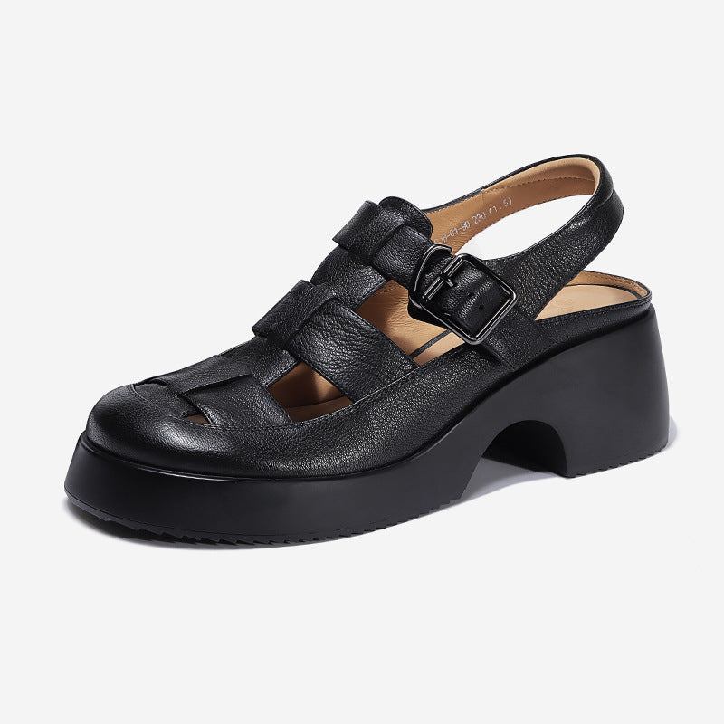 Real Leather Sandals For Women In Summer White Retro Thick Heel Hollow Pig Cage Shoes