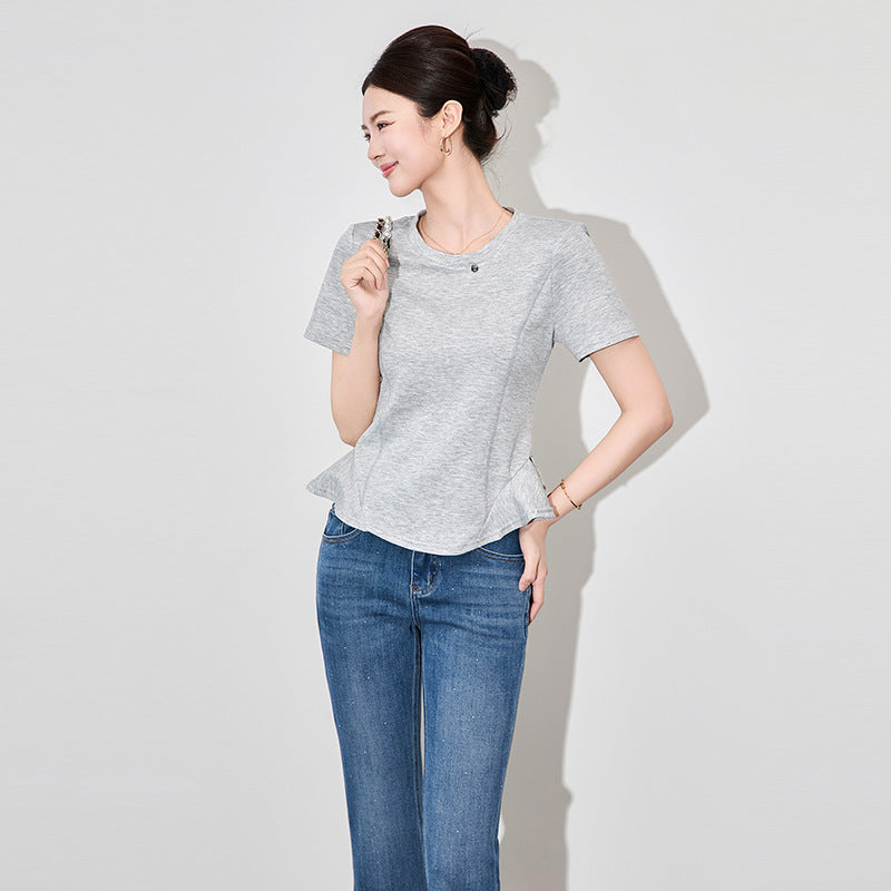 New Women's T-shirt Short-sleeved Solid Color Trimming O-neck Women T shirt for Female Woman Tops Tees Tshirt