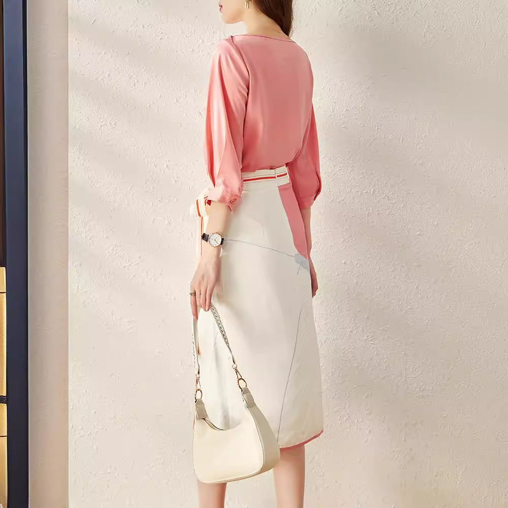 Fashion Designer Summer Skirts Suit Women's Pink Loose Pullover Tops and Slim Midi Stripe Skirts Two Pieces Set