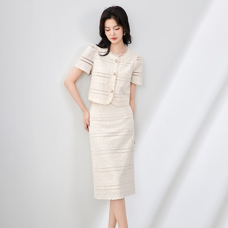 New Fashion Temperament Top Two-Piece Set Women's Slimming High Waist Embroidery Hollow A-Line Long Skirt Outfits