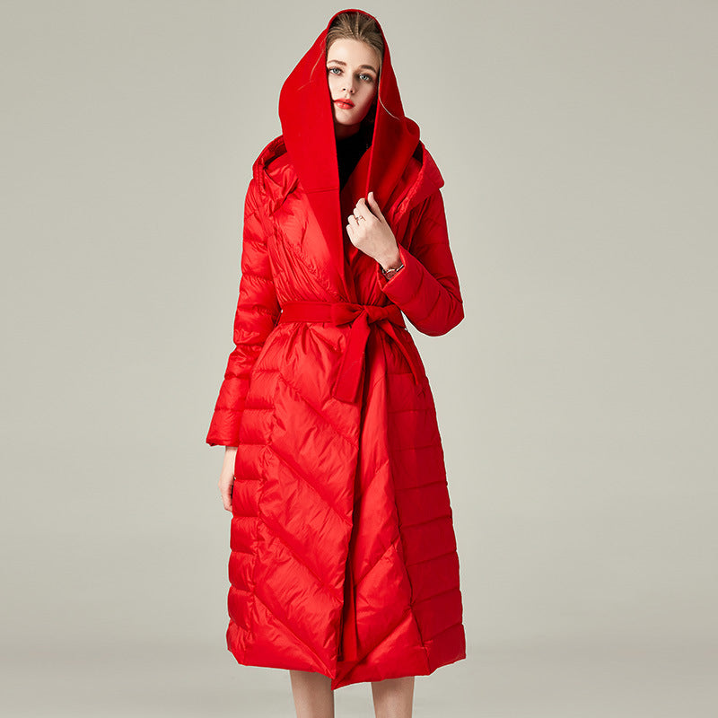 Wool Patchwork Hooded Long Puffer Jackets Women Elegant Slim Warm Winter Coat Belt New Autumn Female Down Parkas Overcoat