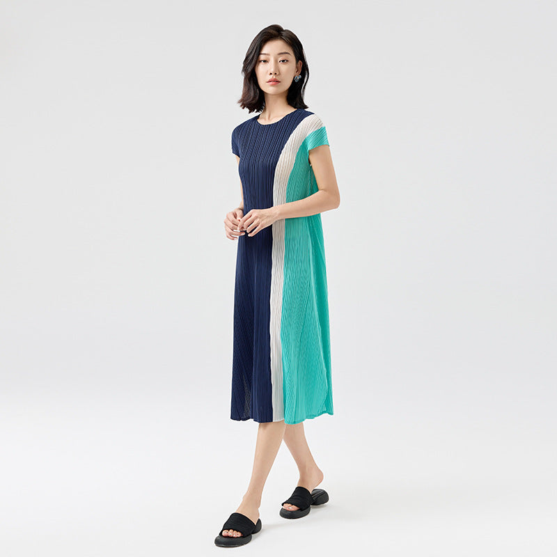 Summer New French Three-color Splicing Pleated Loose Temperament Irregular Split Dresses