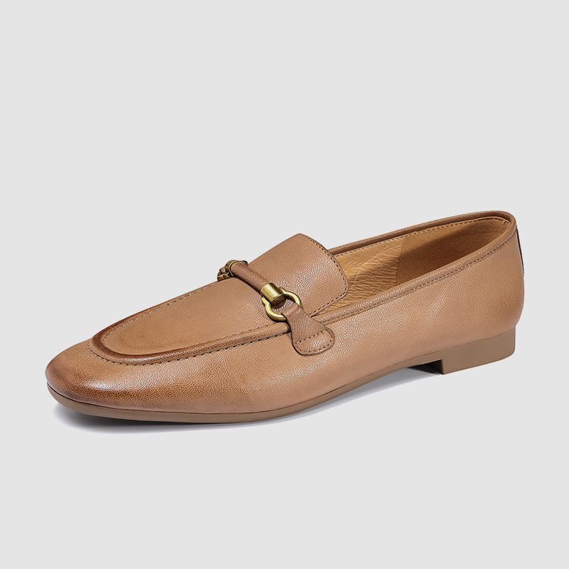 Breathable Square Toe Casual Woman Loafers Flat Heel British Style Genuine Leather Metal Chain Daily Life All-Match Shoes