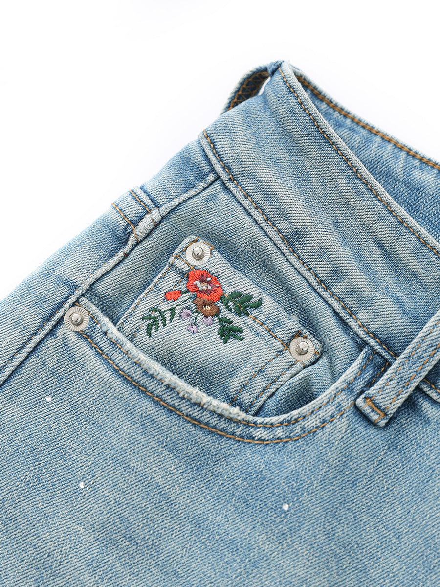Beading Design Skinny Flare Jeans Women High Waist Stretch Vintage Wide Leg Denim Pants