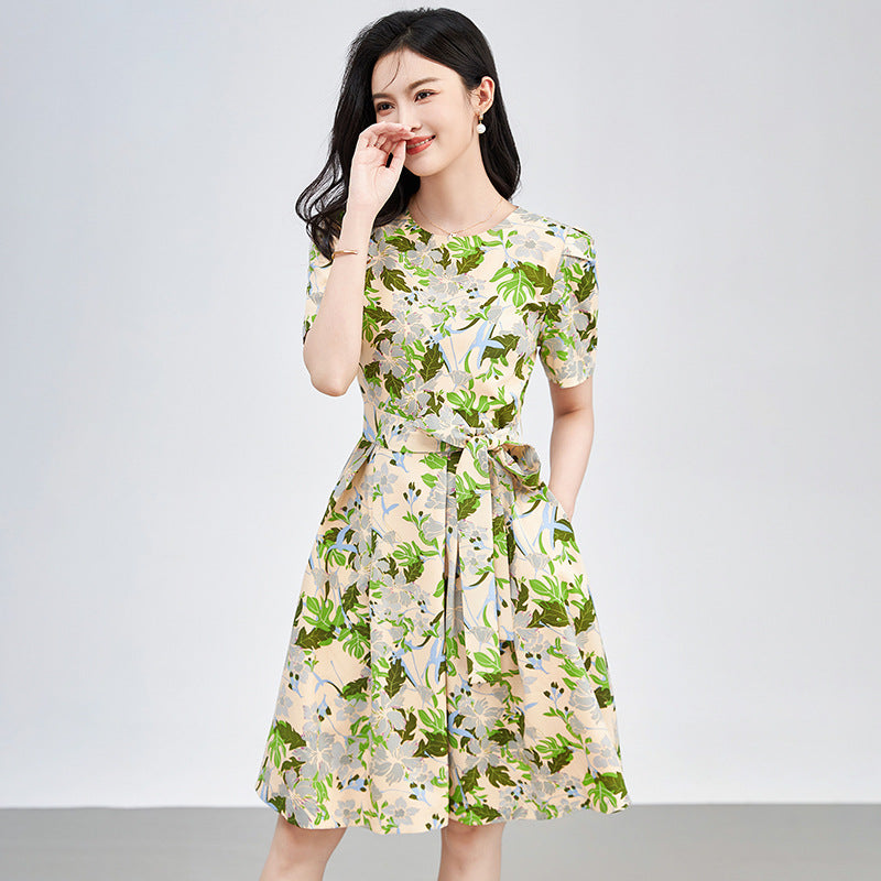 Elegant Feminine Romantic Printed Crepe de Chiffon Dress Women's New