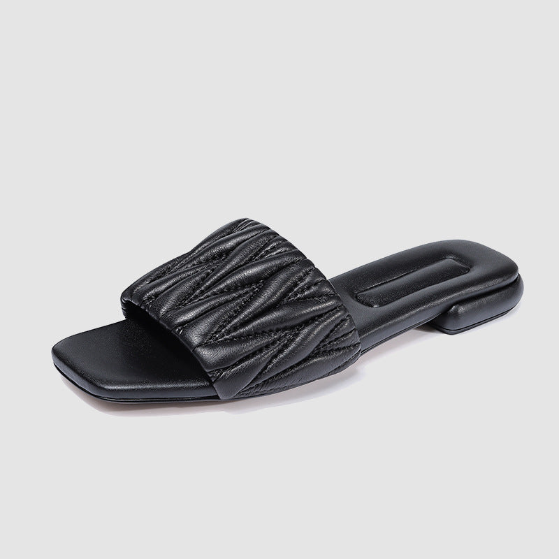 Fashion Solid Genuine Leather Open Toe Slippers Comfortable Non-slip Women's Low Heel Sandals