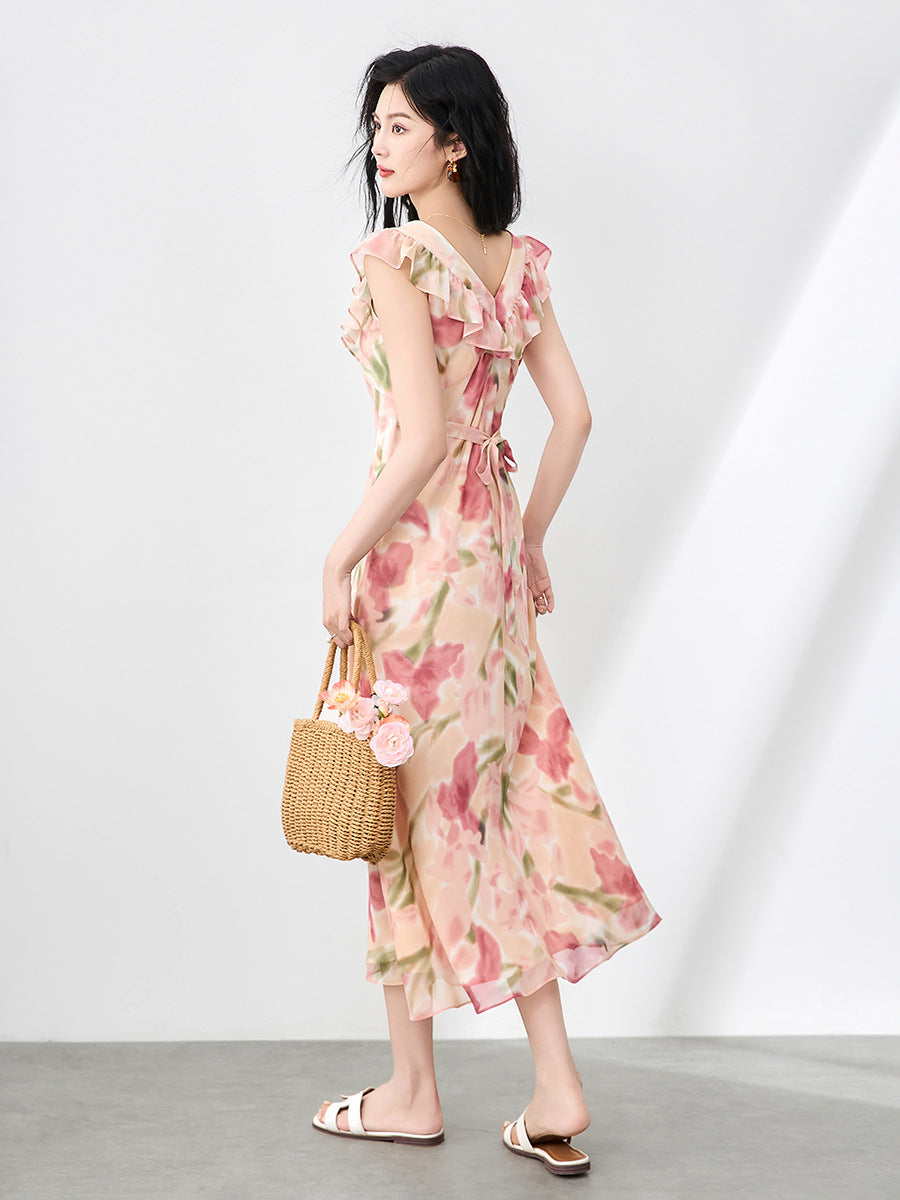 Elegant Slim Fit Summer Dress 2025 New French-inspired Ruffle Hem Maxi Vacation Resort Unique Design