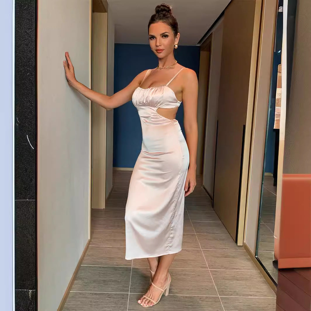 Ladies Fashion New Sexy Solid Color Slip Dress Lace-up Design Sense Elegant Summer A-line Long Dress Temperament Robe Femme