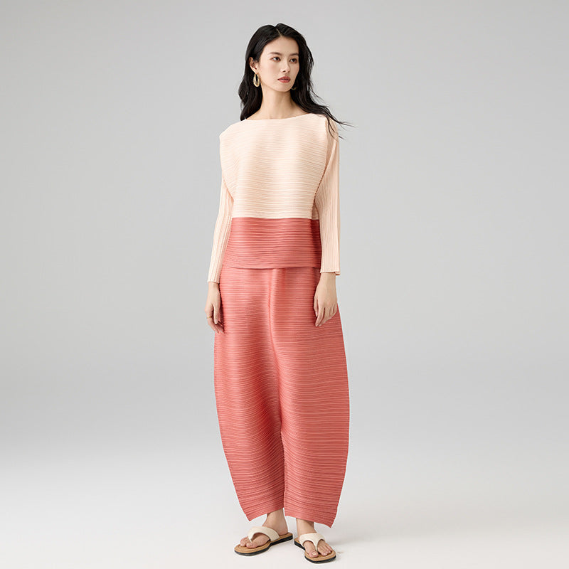 Spring New Fashion Color Clash Set Round Neck Top Loose Harlequin Pants Set