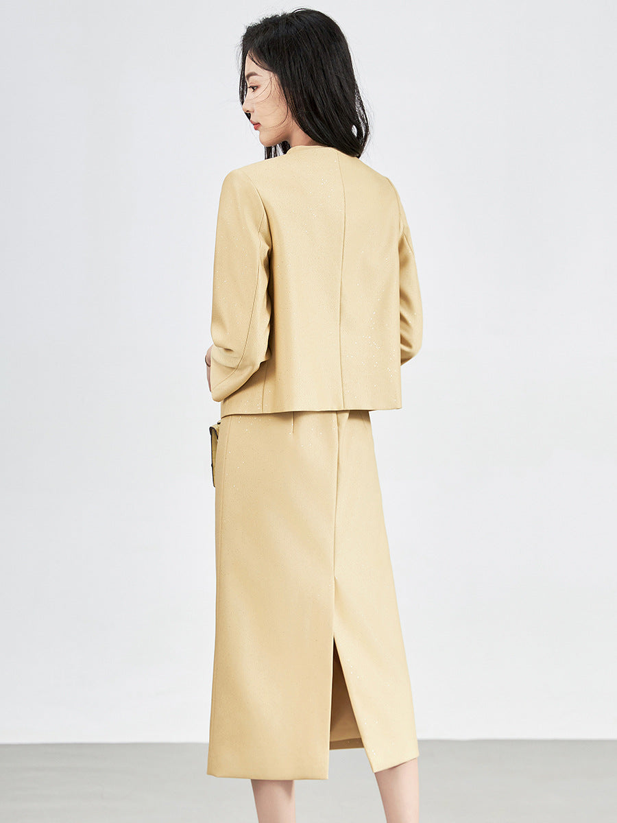 Elegant Dresses for Women Designer Full Sleeve Short Jacket Top+Short Sleeve Dress 2 Piece Suit Yellow Vestidos