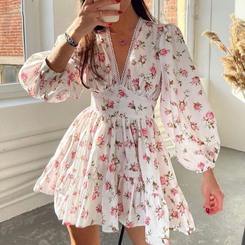 Print Women's Dress Summer Fashion Floral Lace Deep V-neck Dress For Women Casual Beach Vacation Sundress Slim A-line Dresses