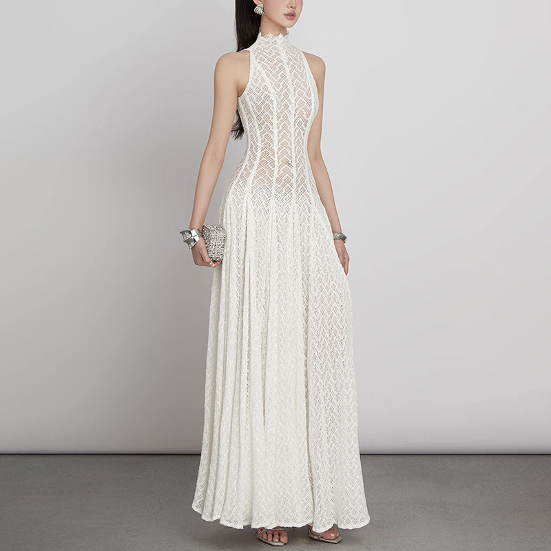 Solid Hollow Up Lace Sexy Dresses For Women Turtleneck Sleeveless High Waist Temperament Summer Dress Female Fashion Style