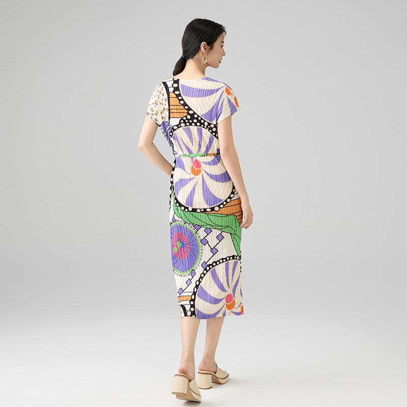Women Round Neck Short Sleeve Printed Contrasting Colors Straight Loose New Tide Dresses
