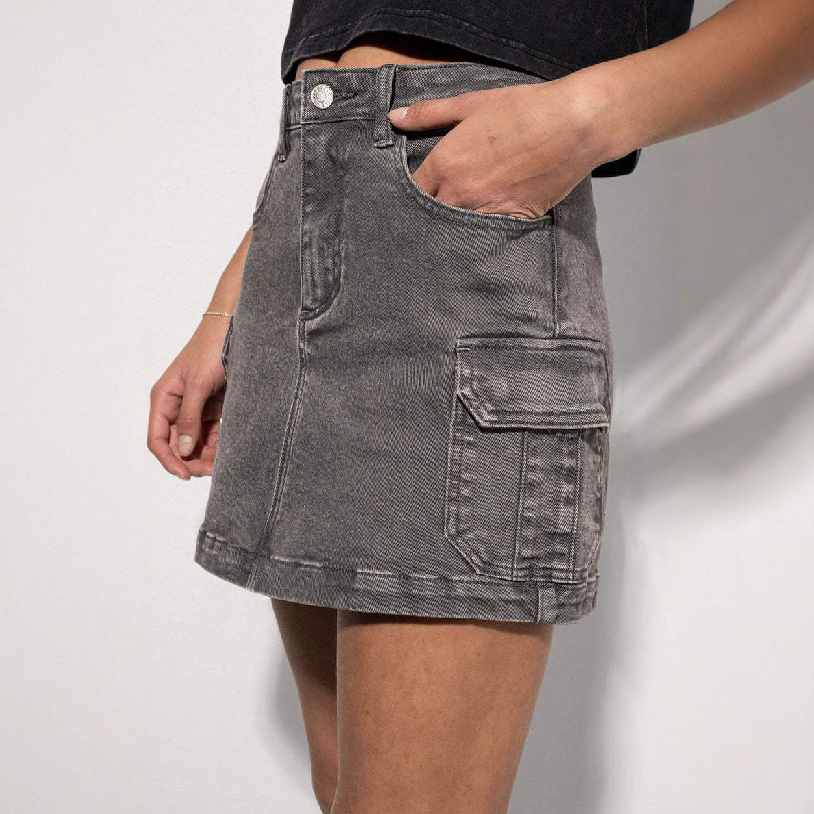 Summer Washed Vintage Denim Skirts For Women Black Grey Workwear Sweet Mini Skirts With Pockets Chic