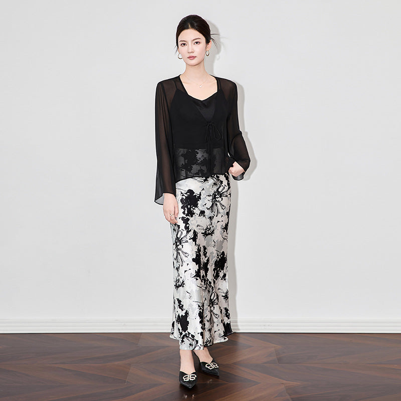 Women Guaze Mesh Cardigan Shirt Middle Sleeve Flowy Tied Stage Clothes Performance Costume Casual Blouse