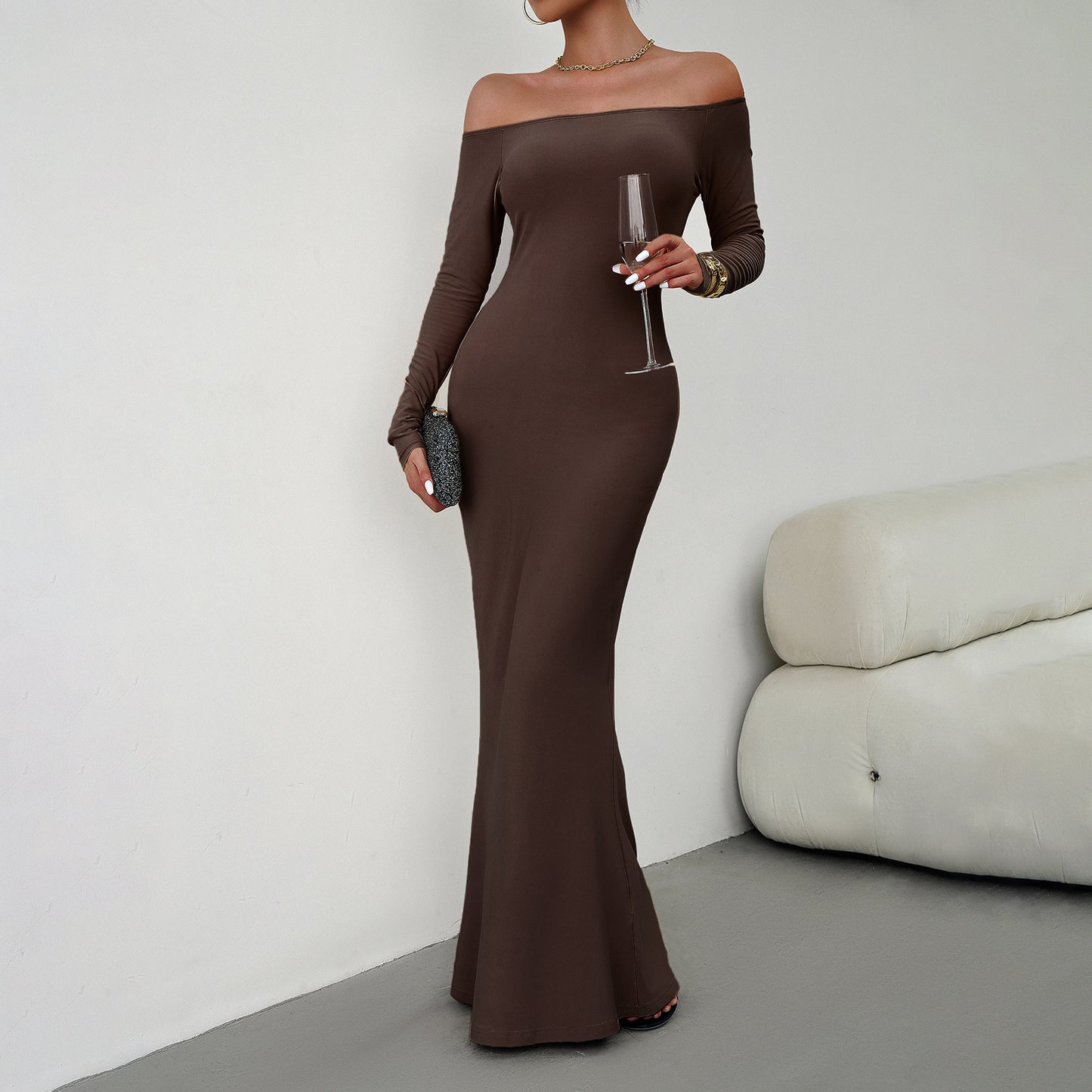 Summer Sexy Elegant Temperament Solid Color Slim-fit One-shoulder Ultra-long Dress