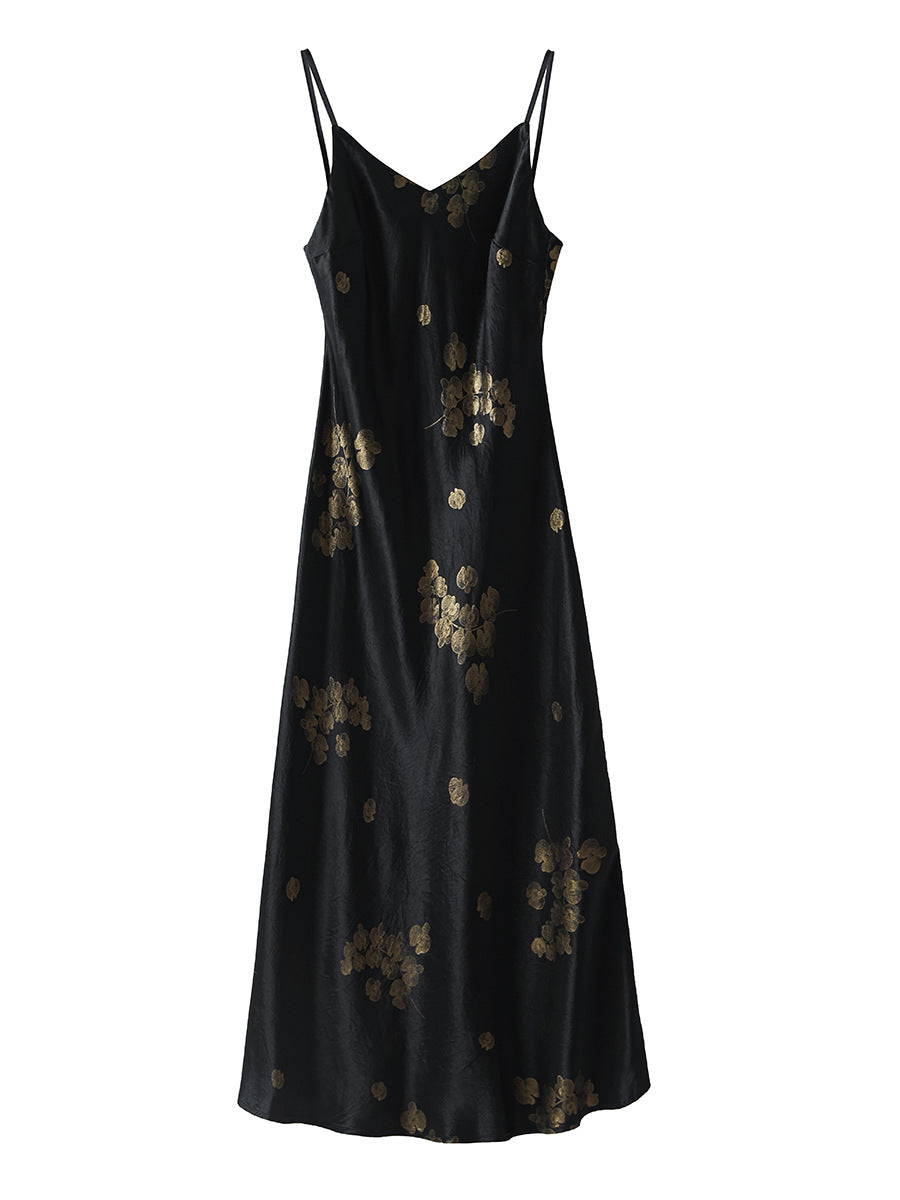 Sexy Women's Clothing High-Quality French Style Noble Temperament Printing Acetic Acid Silk Suspenders Wearing a Dress Outside