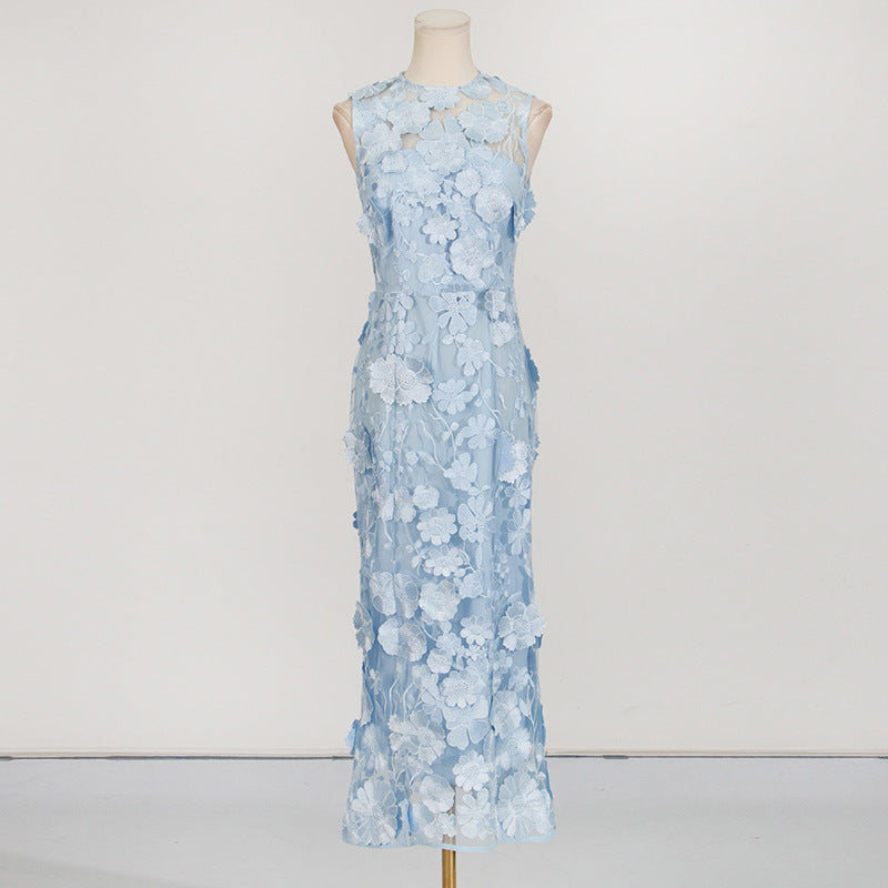 Summer 3D Flower Embroidery Lace Party Long Dress Women's Tank Black Pencil Evening Midi Wedding Dresses Lady