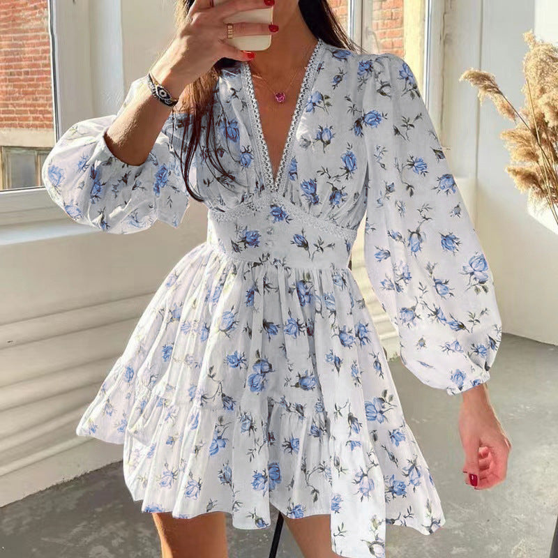 Print Women's Dress Summer Fashion Floral Lace Deep V-neck Dress For Women Casual Beach Vacation Sundress Slim A-line Dresses