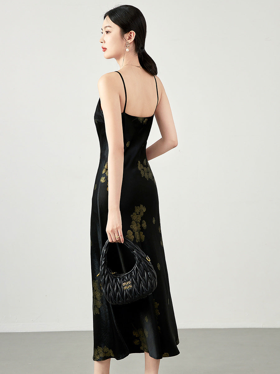 Sexy Women's Clothing High-Quality French Style Noble Temperament Printing Acetic Acid Silk Suspenders Wearing a Dress Outside