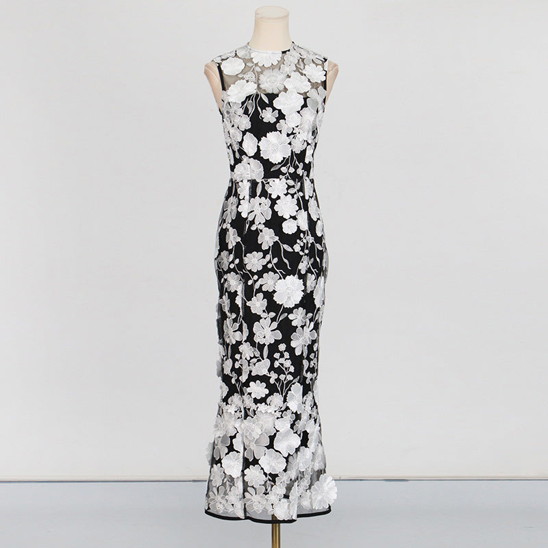 Summer 3D Flower Embroidery Lace Party Long Dress Women's Tank Black Pencil Evening Midi Wedding Dresses Lady