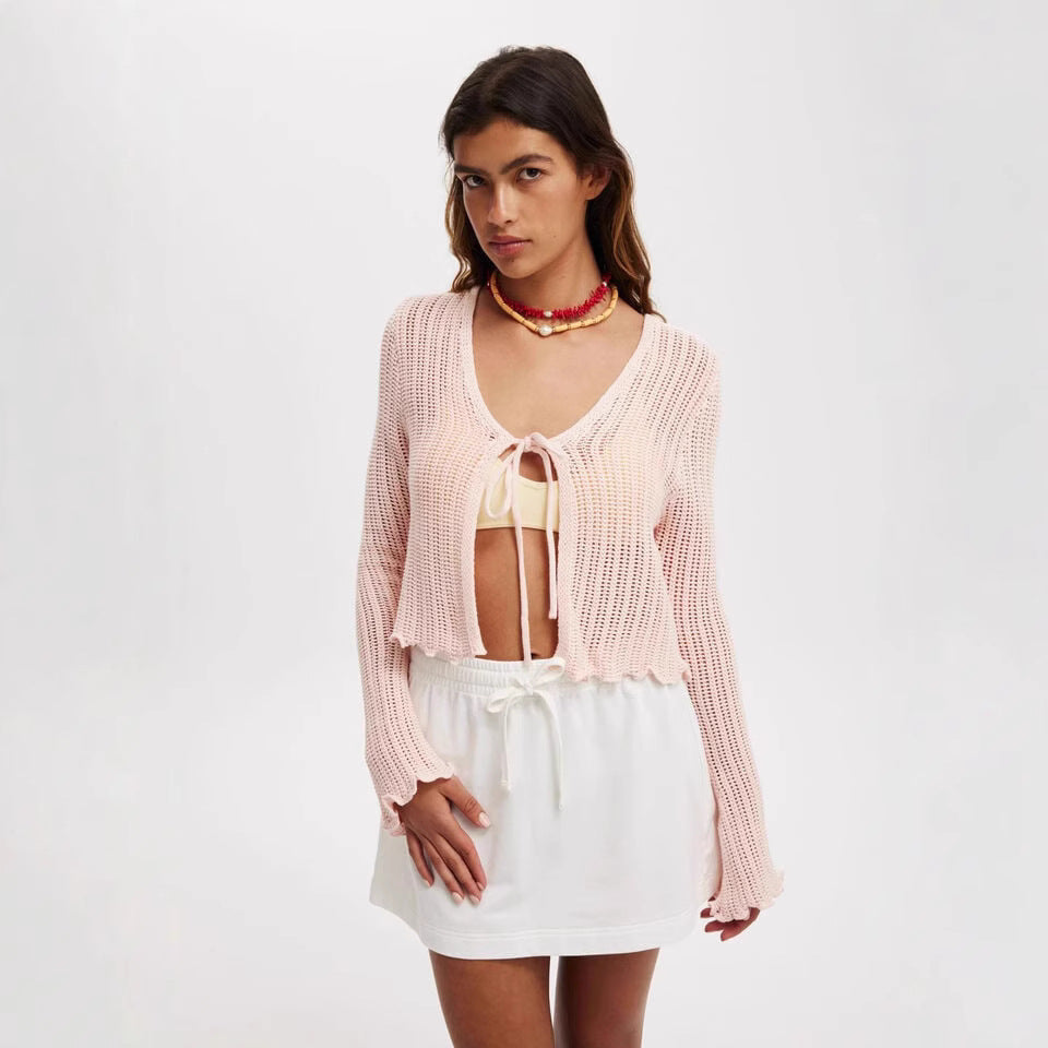 Summer Short Cardigans Women Thin Knitted Long Sleeve Sunscreen Jackets Tie Up Crop Tops Hollow Out White Cardigan Female