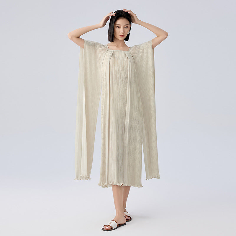Design Stringy Selvedge Hem Cape Style Pleated Dress Women Loose Square Collar Straight Dresses