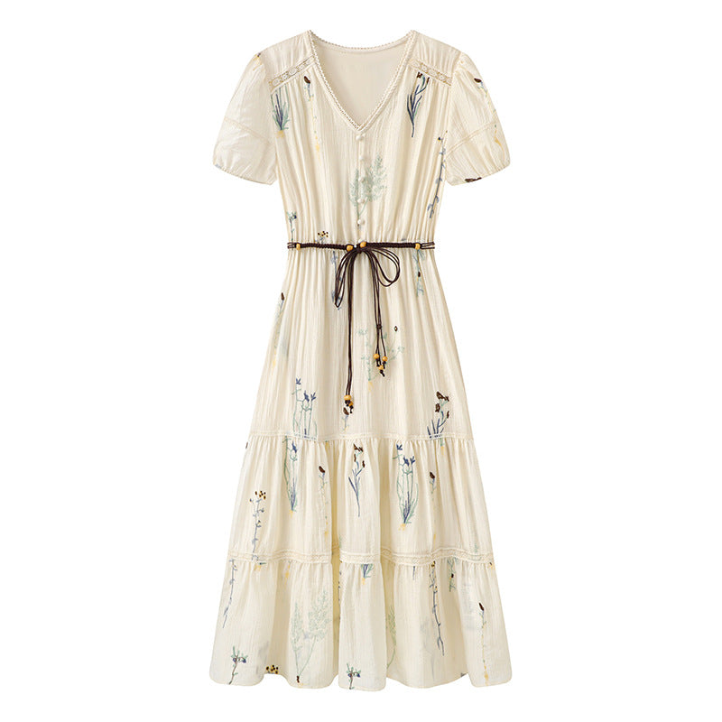 Elegant Printed Simple Waist-Cinching Midi Dress Women's Summer New Fashionable Ladylike Style Belted Dress