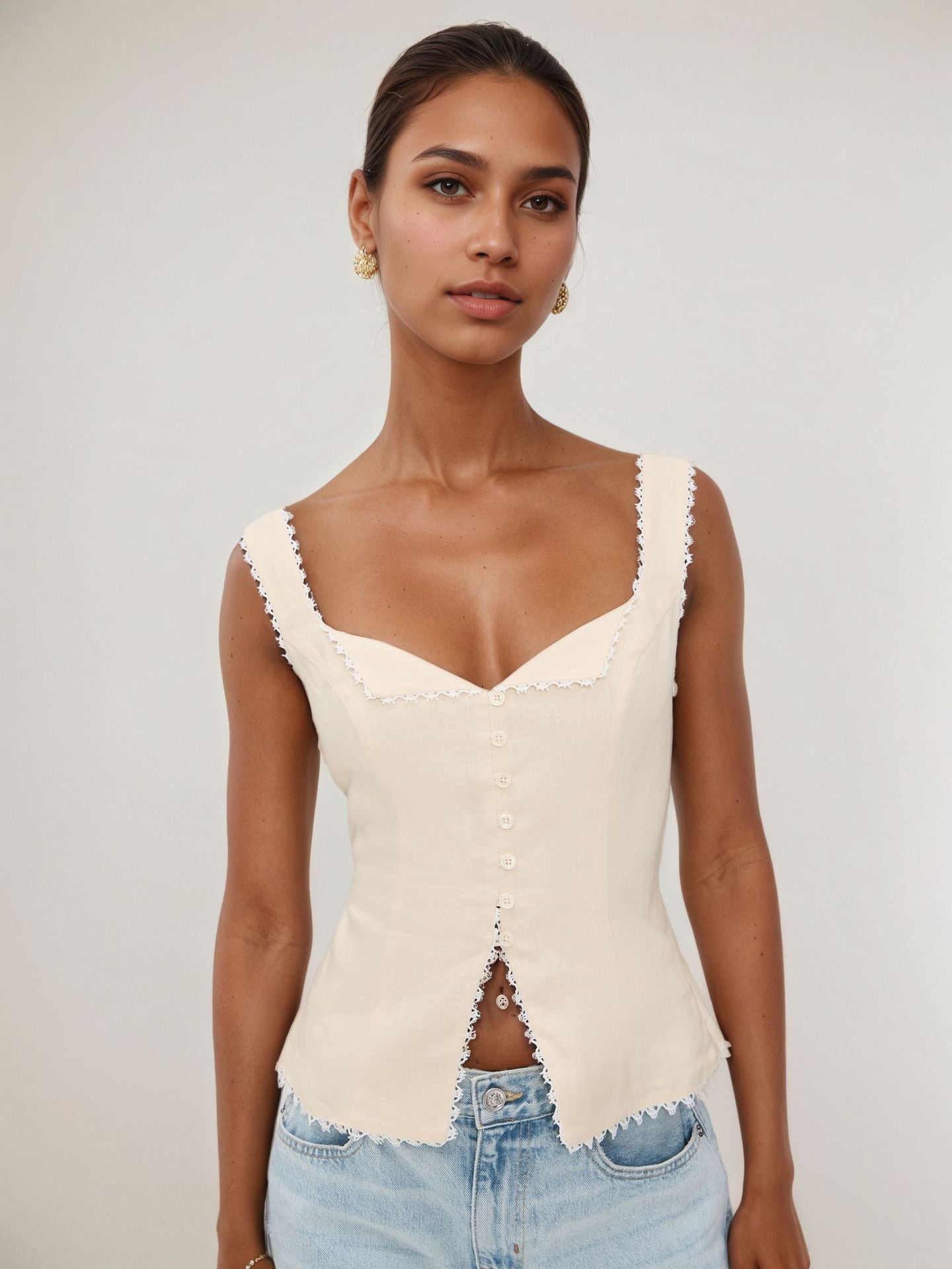 2025 Women's Vintage Cotton Hemp Lace Splice Fashion Buckle Strap Solid Sleeveless Vest Top