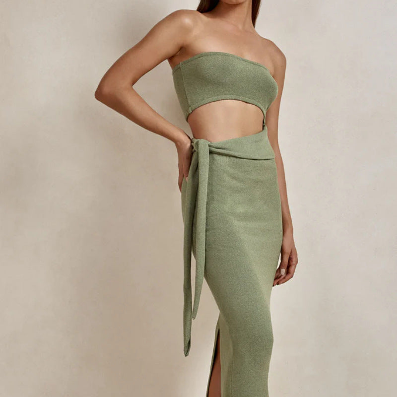 Summer Fashion Chic Women's Clothing Pure Color Slim Fit Lace Back Camisole Belt Knitted Dress