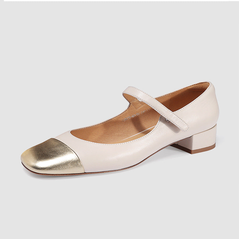 Women Luxury Brand Natural Leather Pumps Mix-color Strap Buckle Mary Jane Block High-Heels Shoes Lady Office Party