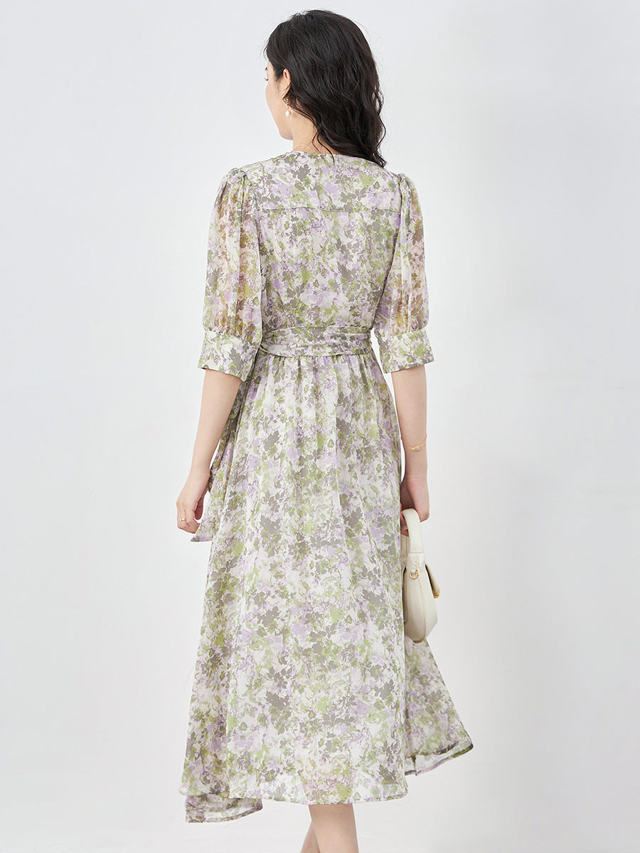 Retro Ele One-Piece Floral Print Chiffon Dr Women's Summer New Sle V-Ne Long Skirt Simple And Faionable Commute