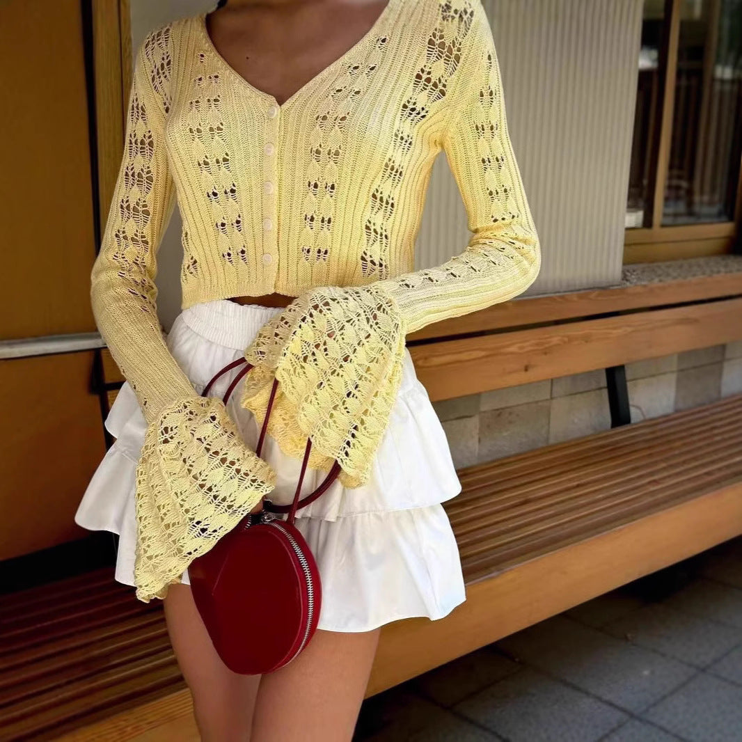 Womens Stylish Flare Long Sleeve V Neck Buttons Slim Sweaters Coats Outwear