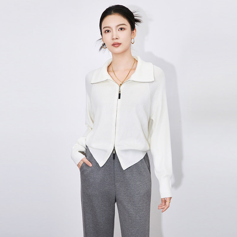 Spring Cardigan Woman 2025 New Office Lady Turn Down Collar Long Sleeve Zipper Knitwear Female Clothing