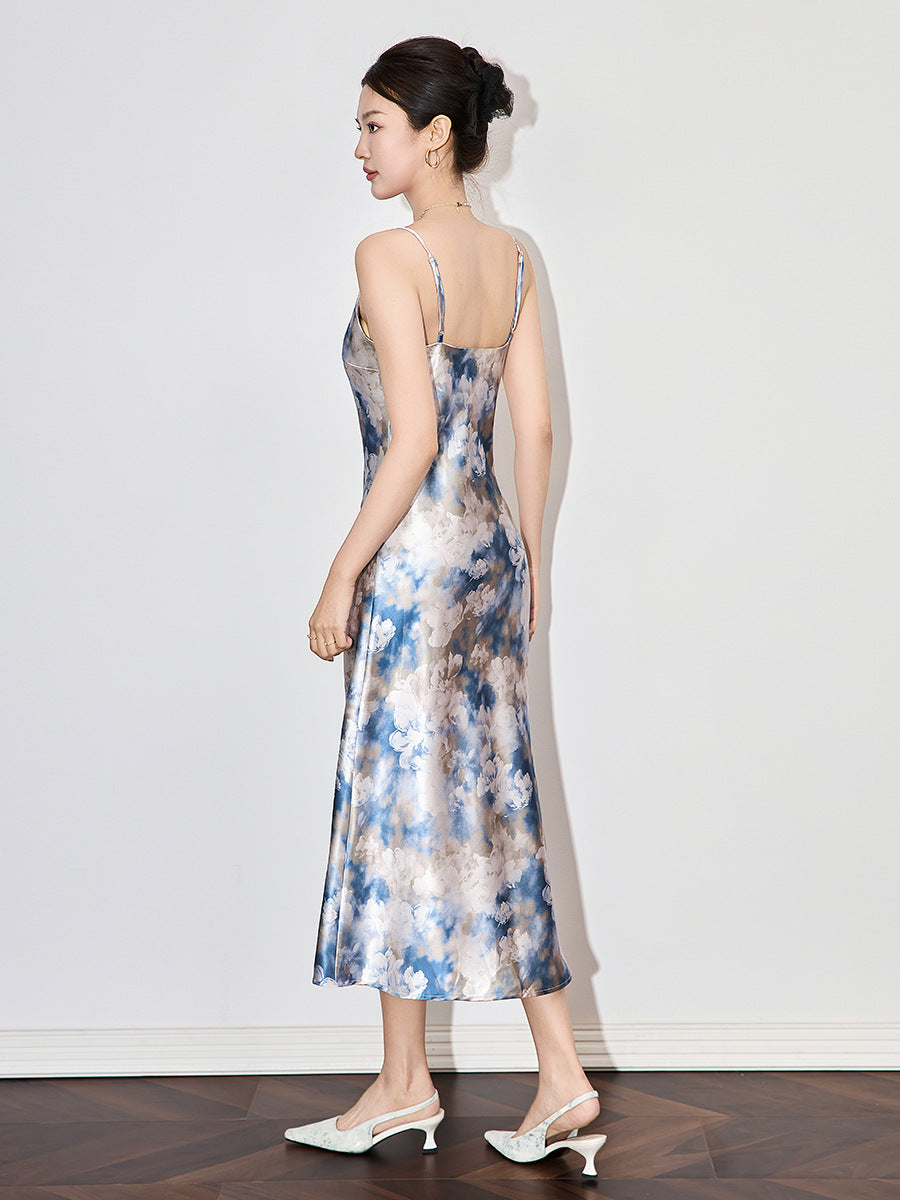 New Chinese Style Water-Media Painting Strap Beach Dress Women Summer Vacation Gown Sleeveless Super Fairy Tale Dress